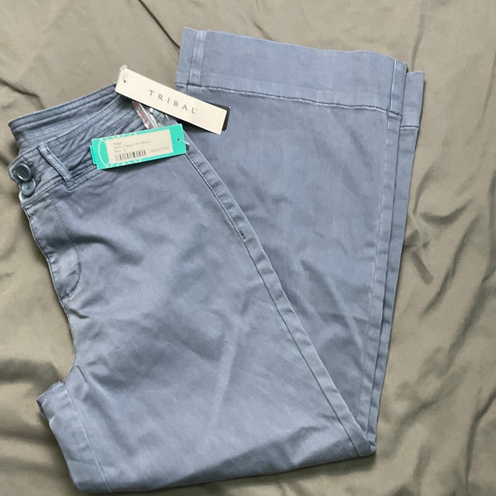 Tribal High Rise Fly Front Palazzo Pant w/ Waistband Detail in Slate Blue